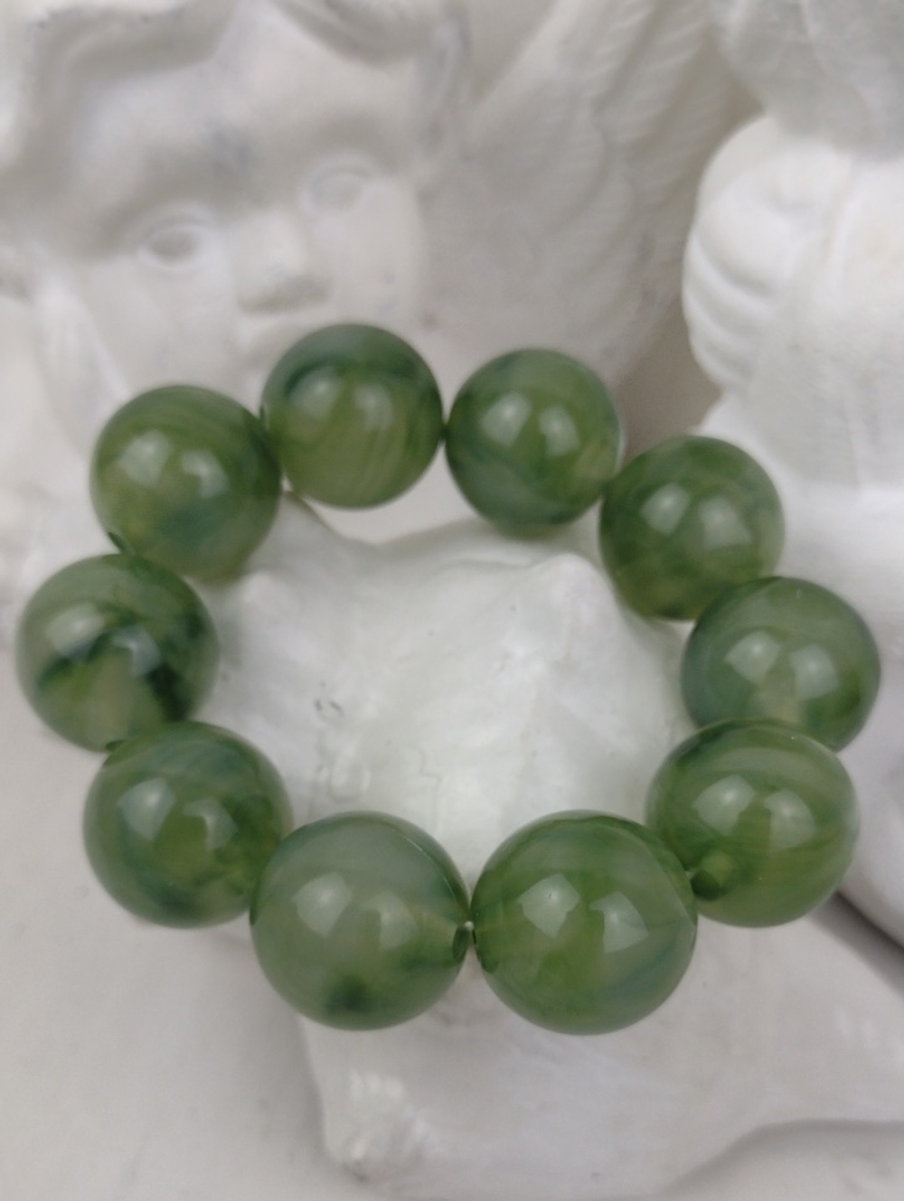 Chunky Jade Green Marbled Bead Stretch Bracelet